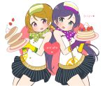  2girls blue_eyes blueberry blush brown_hair character_name commentary_request double-breasted food food_themed_clothes fruit gloves koizumi_hanayo long_hair love_live!_school_idol_festival love_live!_school_idol_project multiple_girls neckerchief polka_dot purple_hair scrunchie short_hair skirt stack_of_pancakes strawberry toujou_nozomi twintails ususa70 vertical-striped_skirt vertical_stripes violet_eyes visor_cap waitress whipped_cream 