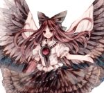  1girl arm_cannon black_wings bow brown_hair cape feathered_wings hair_bow highres long_hair open_mouth red_eyes reiuji_utsuho solo touhou weapon wings wiriam07 