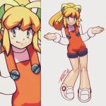  1girl alternate_costume android blonde_hair blush_stickers commentary flat_chest green_eyes hair_ribbon long_hair overalls ponytail ribbon robert_porter robot_joints rockman rockman_(classic) roll shrug solo zoom_layer 