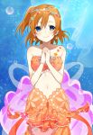  1girl bare_shoulders blue_eyes bubble chisumi earrings frills hands_clasped jewelry kousaka_honoka looking_at_viewer love_live!_school_idol_project mermaid monster_girl navel orange_hair side_ponytail smile solo tagme water 