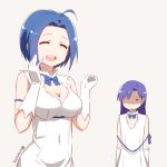  2girls breast_envy breasts cosplay crossover dress dungeon_ni_deai_wo_motomeru_no_wa_machigatteiru_darou_ka flat_chest gloves hestia_(danmachi) hestia_(danmachi)_(cosplay) idolmaster kisaragi_chihaya large_breasts miura_azusa multiple_girls nagian open_mouth rei_no_himo simple_background smile white_gloves 