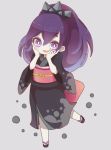  1girl blush chuka_(runrunmynmyn) grey_background hands_on_own_face high_ponytail hyakkihime japanese_clothes kimono long_hair looking_at_viewer open_mouth purple_hair sandals simple_background solo violet_eyes youkai youkai_watch zouri 