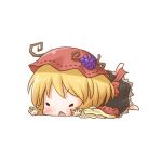  1girl aki_minoriko arinu barefoot blonde_hair closed_eyes food food_on_head fruit_on_head hat lying object_on_head on_stomach open_mouth short_hair simple_background solo touhou white_background 