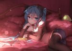  1girl aqua_eyes aqua_hair bai_yemeng bed belt bow brown_legwear hair_bow hatsune_miku heart highres long_hair long_sleeves looking_at_viewer lying md5_mismatch off_shoulder on_bed on_side pillow revision shirt shorts solo thigh-highs very_long_hair vocaloid 
