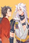  2boys brown_eyes brown_hair eye_contact fang japanese_clothes kogitsunemaru looking_at_another male_focus multiple_boys mutsu-no-kami_yoshiyuki naked_cat ponytail red_eyes touken_ranbu white_hair 