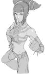  1girl bangs bracelet breasts detached_sleeves halter_top halterneck han_juri hand_on_hip jewelry looking_at_viewer midriff monochrome oetarou serious short_hair solo spiked_bracelet spikes spiky_hair street_fighter street_fighter_iv super_street_fighter_iv twintails 