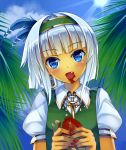  1girl adapted_costume asatsuki_(cookie) blood blood_in_mouth blood_on_face blue_eyes blush coconut_tree cookie_(touhou) eating fang hairband head_feathers headless kitou_kaitai konpaku_youmu light_rays palm_tree piercing silver_hair solo sunbeam sunlight touhou tree 