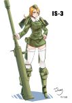  1girl blonde_hair boots cannon character_name dated garrison_cap green_eyes gun hand_on_hip hat highres is-3 mecha_musume military military_vehicle miniskirt original pauldrons personification ponytail signature skirt solo tank thigh-highs vehicle weapon wing_(4486066) zettai_ryouiki 