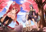  3girls :o absurdres animal_ears armlet black_hair blush breathing_fire cherry_blossoms child clothes_grab clouds dragon dress egg fang fire fisheye from_above hand_on_another&#039;s_head headband highres jewelry long_hair looking_down low-tied_long_hair low_twintails multiple_girls necklace original panties pouch red_eyes sash shorts skirt sky sleeveless sleeveless_dress tail tree twintails underwear upskirt wolf_ears yellow_eyes you_maru11 