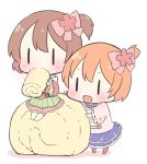  &gt;:d 2girls :d bow brown_hair chibi commentary hair_bow hoshizora_rin koizumi_hanayo love_live!_school_idol_project minigirl multiple_girls one_side_up open_mouth orange_hair simple_background skirt smile swiss_roll ususa70 white_background |_| 