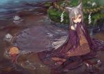  1girl animal_ears bare_shoulders black_legwear in_water long_hair mouth_hold original pantyhose red_eyes shoes_removed silver_hair sitting smile solo suzuno_(bookshelf) wet wet_clothes 