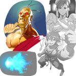  choker chun-li collage dark_skin dougi fireball fist_pump glowing glowing_eyes makoto_(street_fighter) muscle no_pupils oetarou oro_(street_fighter) palm-fist_greeting partially_colored red_eyes ribbon_choker short_hair street_fighter street_fighter_iii street_fighter_iii:_3rd_strike tomboy 