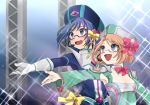  1boy 1girl blue_eyes blush brother_and_sister brown_hair cardfight!!_vanguard glasses hat headset open_mouth sendou_aichi sendou_emi shijimi_(outa) short_hair siblings singing smile sparkle 