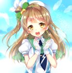  1girl blue_sky brown_hair clouds earrings feathers fingerless_gloves gloves hair_ornament hat jewelry love_live!_school_idol_project minami_kotori necktie one_side_up open_mouth paragasu_(parags112) puffy_short_sleeves puffy_sleeves shirt short_sleeves sky smile solo sparkle suspenders upper_body white_gloves yellow_eyes 