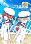  2girls alternate_costume bangs bare_shoulders blonde_hair blunt_bangs blush brown_eyes cover cover_page dress green_eyes highres holding_hands interlocked_fingers kantai_collection kokonobi lifebuoy looking_at_viewer multiple_girls neckerchief sailor_collar sailor_dress short_hair white_dress z1_leberecht_maass_(kantai_collection) z3_max_schultz_(kantai_collection) 