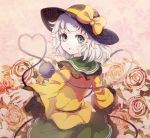  1girl bow dise flower grey_eyes hat hat_bow heart heart_of_string komeiji_koishi long_sleeves looking_at_viewer looking_back open_mouth outstretched_arms pink_rose rose shirt silver_hair skirt smile solo third_eye touhou wide_sleeves 