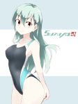  1girl aqua_eyes aqua_hair character_name competition_swimsuit covered_navel cowboy_shot hair_ornament hand_on_ass kantai_collection long_hair looking_away one-piece_swimsuit smile solo souji suzuya_(kantai_collection) swimsuit 