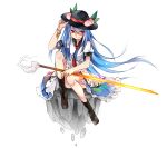  1girl blue_hair boots bracelet cross-laced_footwear food fruit hat highres hinanawi_tenshi jewelry long_hair peach puffy_short_sleeves puffy_sleeves red_eyes renkarua short_sleeves sitting smile sword_of_hisou touhou very_long_hair 