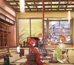  6+girls blue_eyes blue_hair brown_hair closed_eyes hair_ornament highres hoshizora_rin house_of_cards japanese_clothes kimono koizumi_hanayo kotatsu kousaka_honoka love_live!_school_idol_project minami_kotori multiple_girls nishikino_maki orange_hair orien redhead side_ponytail sleeping smile snow sonoda_umi table tagme tray violet_eyes yellow_eyes 