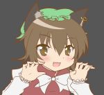  1girl :3 animal_ears black_background brown_eyes brown_hair cat_ears chen fang green_hat hair_between_eyes jewelry long_sleeves mob_cap open_mouth short_hair simple_background single_earring solo touhou 