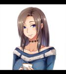  1girl blue_eyes brown_hair cup dream_demon earrings fatal_frame_5 jewelry kurosawa_hisoka mole mole_under_mouth smile solo teacup 