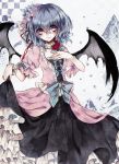  1girl alternate_costume bat_wings black_dress dress fang frilled_dress frills ginzuki_ringo hair_ornament highres layered_dress pink_dress pink_eyes puffy_short_sleeves puffy_sleeves remilia_scarlet short_sleeves silver_hair solo touhou wings wrist_cuffs 