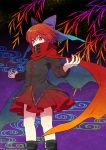  1girl boots cape covering_mouth gradient gradient_background hair_ornament hair_ribbon highres kuronohana long_sleeves looking_at_viewer red_eyes redhead ribbon sekibanki shirt short_hair skirt solo touhou 