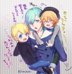  3boys aqua_eyes aqua_hair blonde_hair blue_eyes blush bowtie child closed_eyes glasses hat kurusu_shou male_focus mikado_nagi mikaze_ai multiple_boys short_hair smile sweat twitter_username uta_no_prince-sama younger 