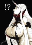  !? 1girl bare_shoulders black_background breasts cleavage detached_sleeves dress horn huge_breasts kantai_collection long_hair long_sleeves mrdotd red_eyes ribbed_dress scowl seaport_water_oni shinkaisei-kan sideboob simple_background solo twitter_username upper_body white_dress white_hair white_skin 