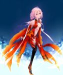  1girl ba96517 bare_shoulders black_legwear breasts center_opening cleavage detached_sleeves elbow_gloves fingerless_gloves gloves guilty_crown hair_ornament hairclip long_hair navel open_mouth pink_hair red_eyes solo thigh-highs twintails yuzuriha_inori 
