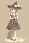  1girl absurdres blush braid broom brown_eyes brown_hair center dress hat highres no_socks original ribbon solo twin_braids twintails witch witch_hat 