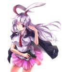  1girl animal_ears goingtobemad gun handgun highres jacket_on_shoulders long_hair necktie one_eye_closed open_mouth purple_hair rabbit_ears red_eyes reisen_udongein_inaba simple_background skirt smile solo touhou weapon white_background 