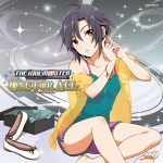  1girl album_cover barefoot black_eyes black_hair cardigan cover earrings idolmaster jewelry kikuchi_makoto lowres shoebox shoes shorts 