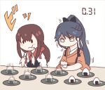  2girls :t akagi_(kantai_collection) blue_eyes brown_hair commentary_request eating food high_ponytail houshou_(kantai_collection) japanese_clothes kantai_collection kimono long_hair long_ponytail mato_tsuyoi multiple_girls muneate onigiri ponytail simple_background white_background 