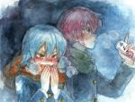  2boys blue_hair breath gakuran inazuma_eleven_(series) inazuma_eleven_go kariya_masaki kirino_ranmaru long_hair male_focus multiple_boys pink_hair riho scarf school_uniform twintails 