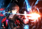  1girl arrow bai_yemeng black_dress black_hair bow_(weapon) drawing_bow dress earrings glowing glowing_weapon highres jacket jewelry long_sleeves open_clothes open_jacket pixiv_fantasia pixiv_fantasia_t revision solo weapon yellow_eyes 