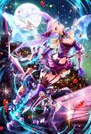  1girl breasts character_request cleavage elbow_gloves epaulettes garter_straps gloves long_hair looking_at_viewer magic moeru!_jiten moon motoki_(hisano_motoki) navel official_art purple_hair solo thigh-highs twintails violet_eyes 