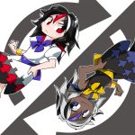  2girls alternate_color black_hair blue_eyes blue_hair bow byourou chibi dark_skin directional_arrow dress dual_persona hand_on_hip horns kijin_seija multicolored_hair multiple_girls negative red_eyes redhead short_hair smile streaked_hair touhou upside-down white_hair 