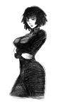  1girl breasts cowboy_shot cropped_legs crossed_arms dress fubuki_(onepunch_man) greyscale jewelry large_breasts lips monochrome necklace onepunch_man short_hair solo standing the_golden_smurf 