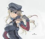  1girl bare_shoulders bismarck_(kantai_collection) blonde_hair blue_eyes brown_gloves detached_sleeves gloves hand_on_hip hat kantai_collection long_hair looking_at_viewer military military_hat military_uniform peaked_cap smile solo suzumaru twitter_username uniform upper_body 