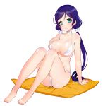  1girl arm_support bare_legs barefoot bikini blush body_blush bracelet breasts choker cleavage collarbone feet full_body green_eyes hand_on_own_chest highres jewelry large_breasts leaning_back long_hair looking_at_viewer love_live!_school_idol_project low_twintails ooyari_ashito open_mouth purple_hair scan simple_background sitting skindentation solo string_bikini sweat swimsuit toujou_nozomi twintails very_long_hair white_background white_bikini white_swimsuit 