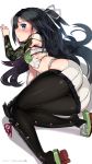  1girl ass asymmetric_gloves black_hair black_legwear blue_eyes blush camouflage crop_top hair_ribbon highres kantai_collection katsuragi_(kantai_collection) kuro_chairo_no_neko long_hair looking_at_viewer lying midriff miniskirt ponytail profile remodel_(kantai_collection) ribbon skirt solo thigh-highs 