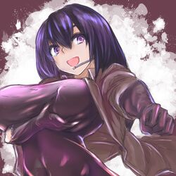  1girl artist_request breast_grab breasts character_request headset highres huge_breasts kojima_takuro long_hair magnolia:zero_-schoolgirl_agent- open_mouth punching purple_hair self_fondle skin_tight smile solo violet_eyes 