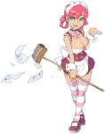  1girl apron aqua_eyes bowtie breasts broom choker cleavage corset crossed_legs full_body garter_straps hair_rings highres junkpuyo large_breasts maid maid_headdress mary_janes pink_hair shoes short_hair solo standing striped striped_legwear thigh-highs waist_apron wrist_cuffs 