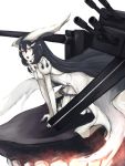  1girl :o anchorage_water_oni bare_shoulders bent_over black_hair dress fire highres horns kantai_collection long_hair monster open_mouth orange_eyes overskirt runway senaya_eru shinkaisei-kan simple_background small_breasts solo turret very_long_hair white_background white_dress white_skin 