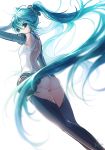  1girl aqua_eyes aqua_hair ass from_behind hatsune_miku long_hair looking_at_viewer looking_back simple_background solo sorolp twintails very_long_hair vocaloid white_background 