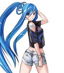 1girl aegis_(nerocc) aoki_hagane_no_arpeggio arpeggio_of_blue_steel ass blue_eyes blue_hair casual long_hair looking_back ponytail shorts takao_(aoki_hagane_no_arpeggio) 