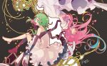  2girls character_request closed_eyes dated flower green_hair gumi long_hair multiple_girls pink_hair rahwia vocaloid 