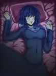  1girl bed_sheet black_hair blush breasts covered_navel dress fubuki_(onepunch_man) highres jewelry large_breasts lips lying necklace nose on_bed onepunch_man pillow short_hair solo the_golden_smurf yellow_eyes 