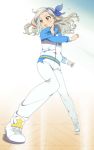  1girl :o aikatsu! brown_eyes dancing eyebrows kurosawa_rin_(aikatsu!) mattaku_mousuke multicolored_hair open_mouth practicing shoes sneakers solo streaked_hair track_suit 